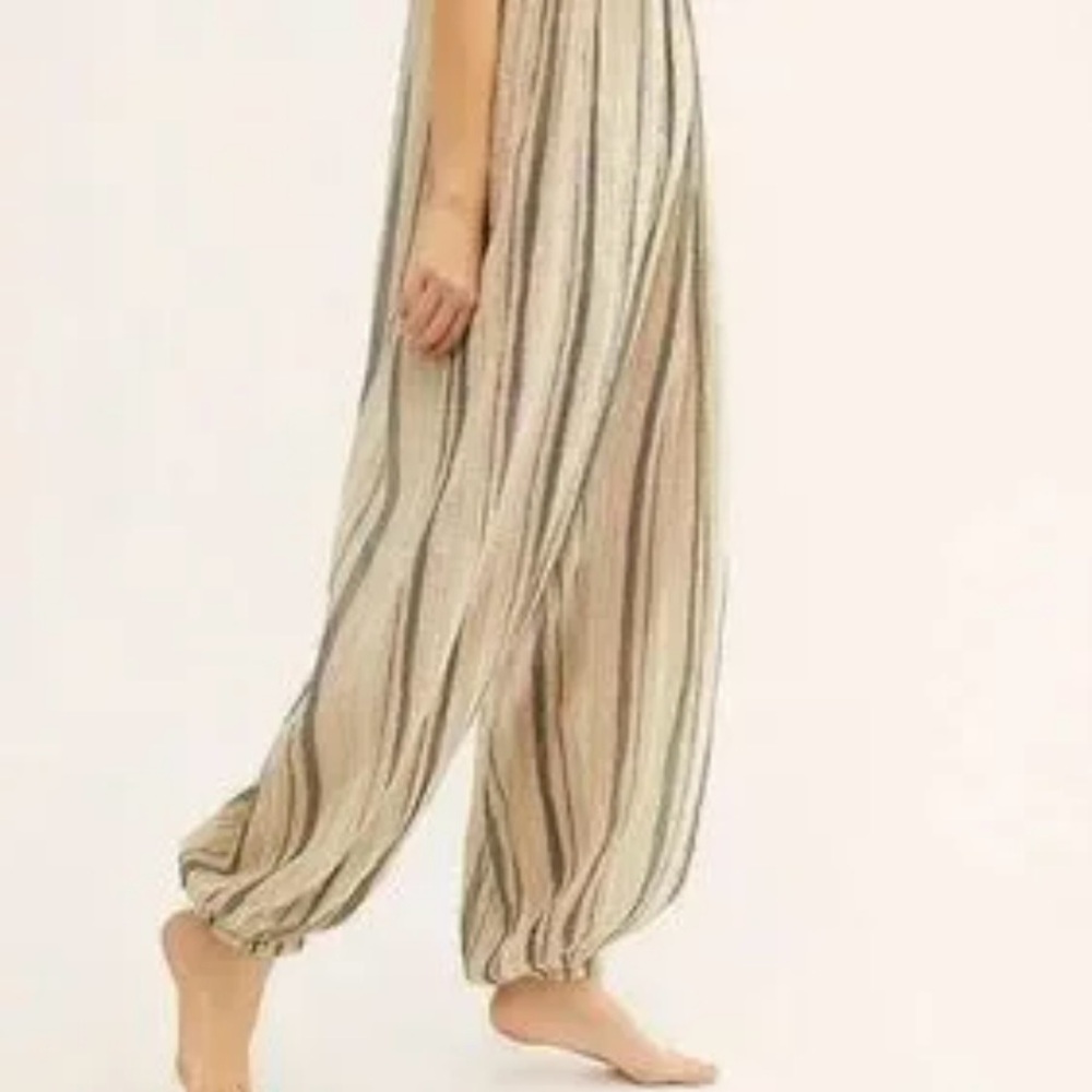 Free People Beige and Black Striped Jumpsuit